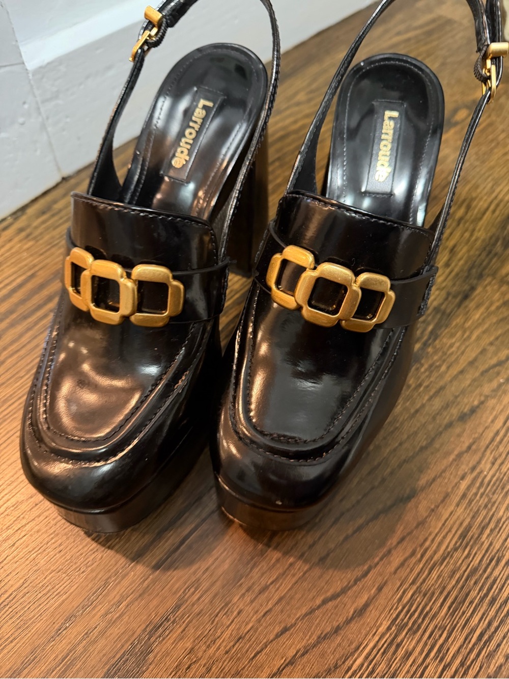 LARROUDE Black Leather Platform Slingback Heels with Gold Buckle